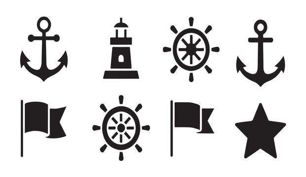 Nautical icons with anchor lighthouse ship wheel flag and star for maritime adventure and design.