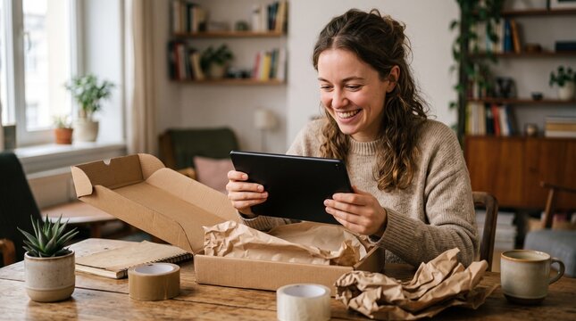 Smiling woman holding tablet computer while unpacking a cardboard box filled with packing paper at a wooden table