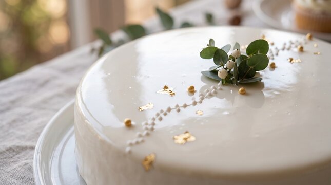 Elegant white mirror glaze cake decorated with gold leaf and eucalyptus sprigs