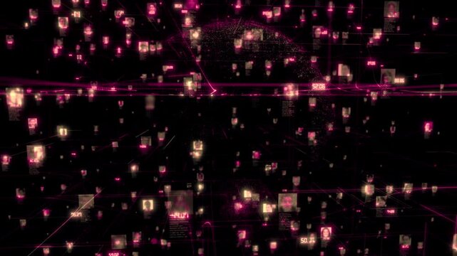 A lot of people portraits in cyberspace in social networking concept as database with a stream of faces connected by dark pink on the background of the planet model, 3d rendering 4K video.