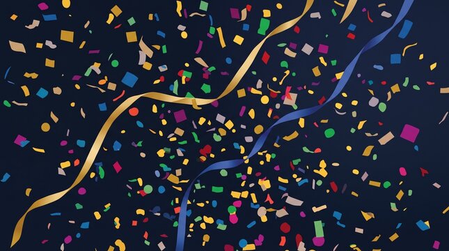 Colorful confetti and streamers explode against a dark background celebrating a festive event