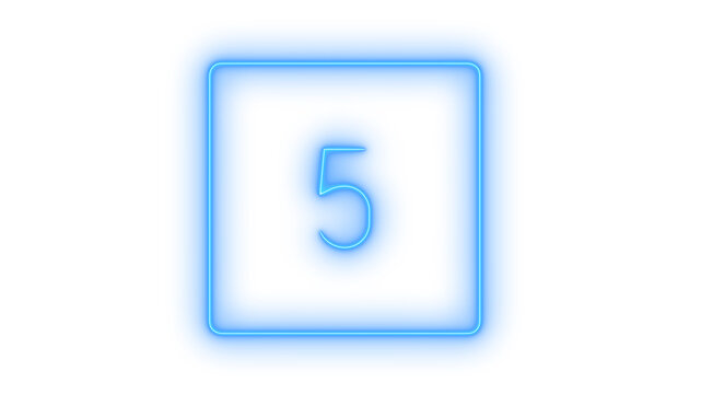 Glowing neon number five square button icon isolated on transparent background. Numeric symbol. Digit 5. Countdown element. App interface button.