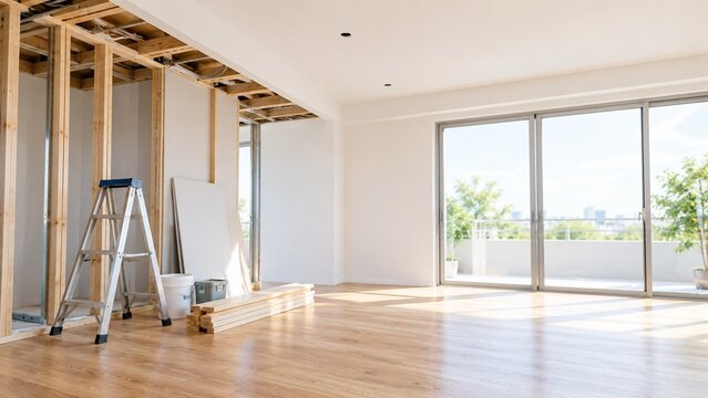 自然光の入る住宅リフォーム・内装改修中の室内