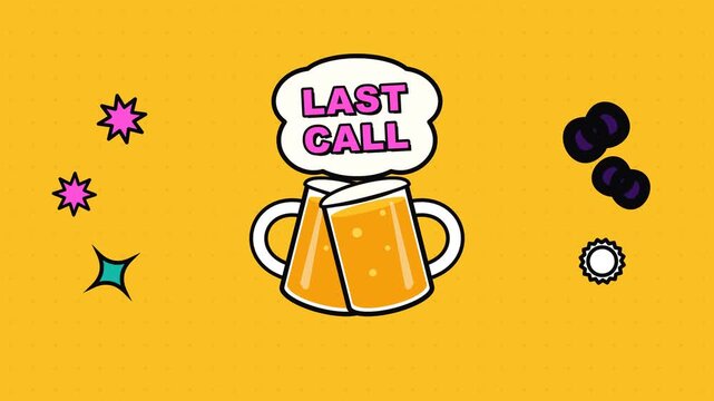 Animated beer mugs clinking with Last Call speech bubble