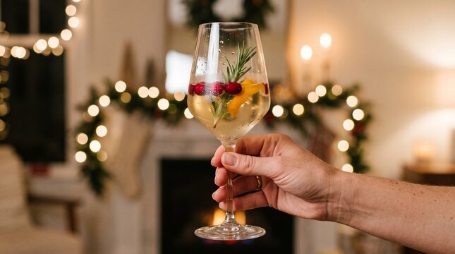 Hand holding festive holiday cocktail with cranberries and orange garnish by fireplace with Christmas lights