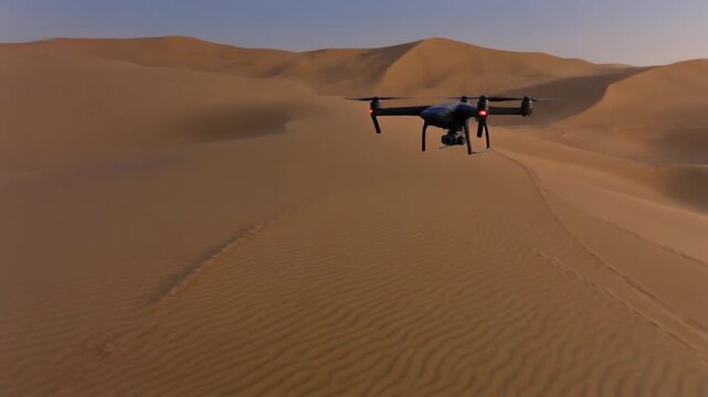 Modern drone flies above the mingsha mountain desert dunes