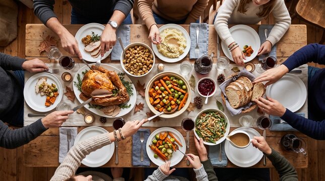 Family enjoying a traditional Thanksgiving dinner with roasted turkey and various side dishes, overhead view