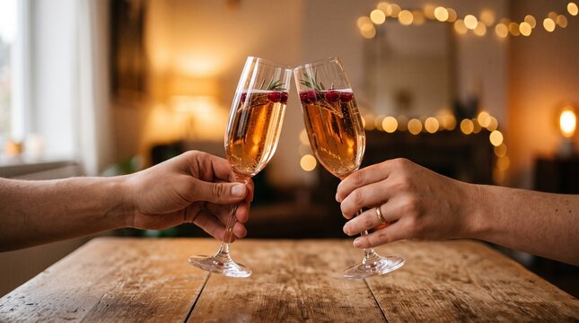 Couple clinking champagne glasses with cranberries and rosemary for a festive toast indoors
