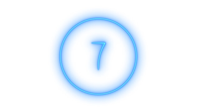 Glowing neon number seven circle icon isolated on transparent background. Numeric sign. Countdown button. Blue digit seven. UI element. Interface badge.