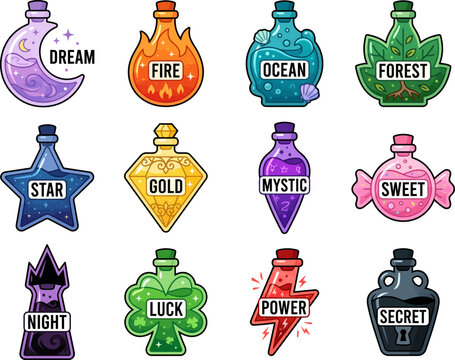 Colorful potion bottles with magical themes and descriptive labels displayed