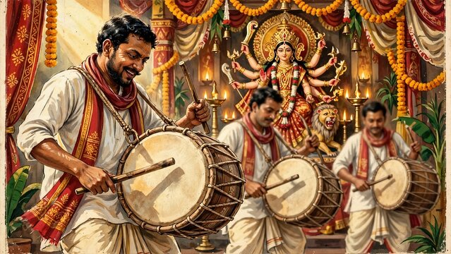 Traditional Indian musicians playing drums during a vibrant autumn religious festival celebration