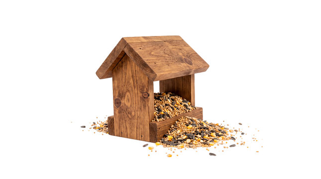Rustic wooden bird feeder with mixed seeds, handmade timber birdhouse on white background, garden wildlife feeding station