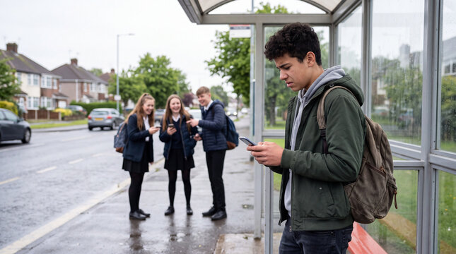 Teen reading hurtful message at bus stop