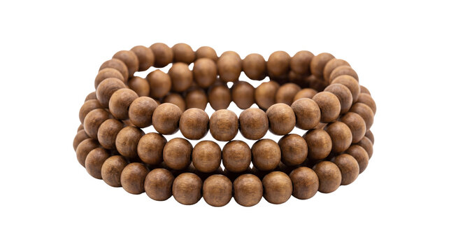 Natural wooden bead bracelets, stacked brown timber jewelry set, rustic sandalwood prayer beads on white background