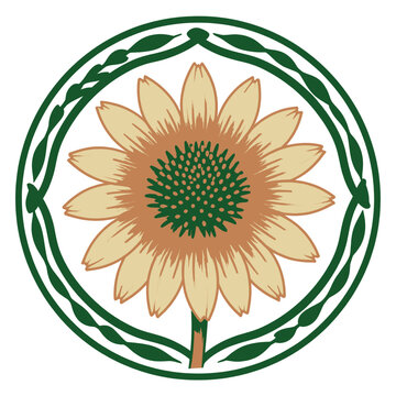 Beautiful stylized sunflower illustration with decorative green vine circle border, elegant floral botanical art element on white background for greeting cards and organic branding design