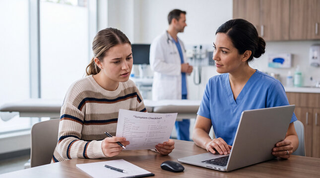 Woman Discussing Unclear Symptoms in Clinic