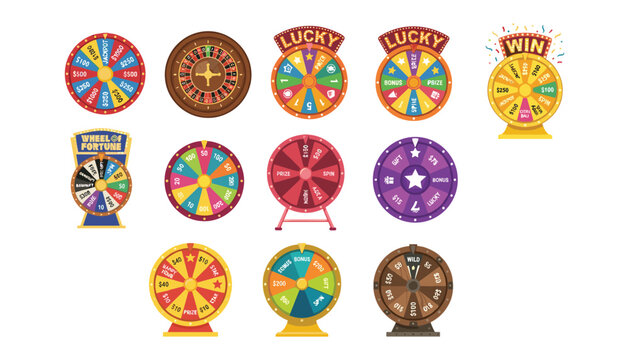 Fortune wheel icons set with lottery roulette game lucky spin prize and jackpot elements flat vector illustration