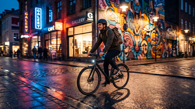 Night cyclist in colorful urban travel street