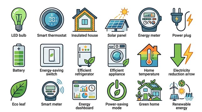 Set of energy-saving home icons illustrating eco-friendly technology