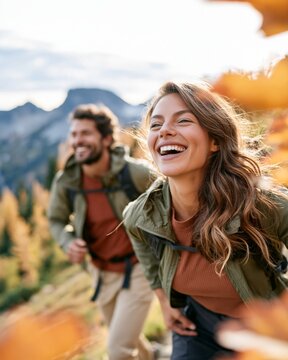 Young couple enjoying outdoor adventure and autumn landscape, laughing together during a hike