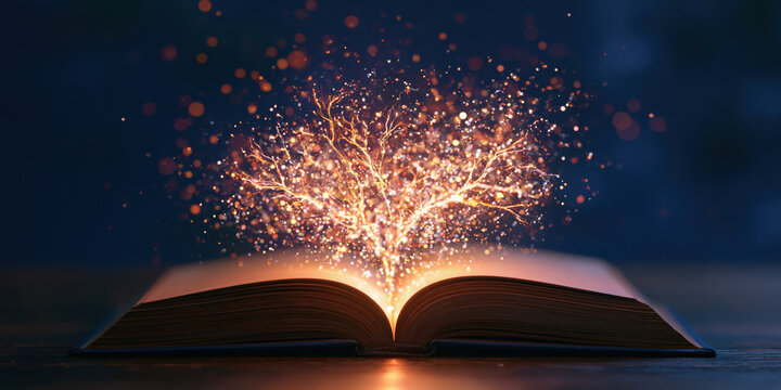 Book with a glowing magic tree of golden particles rising from pages for reading imagination knowledge and story