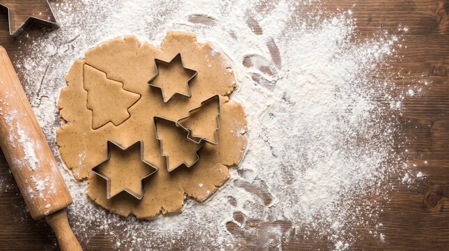 Christmas cookie dough with cutters and rolling pin on wooden table dusted with flour