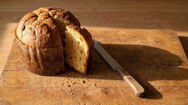 Panettone cake with a slice cut and a knife on a wooden board