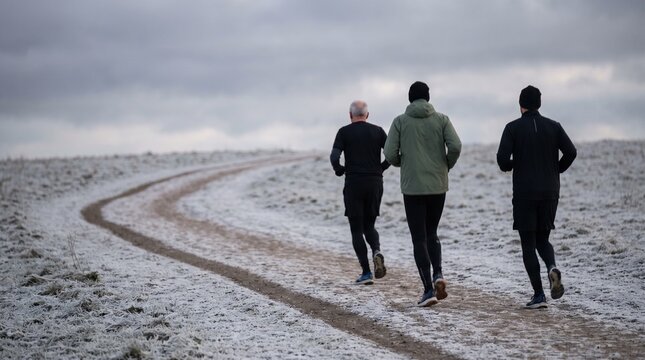 Three runners on a frosty path in a winter landscape