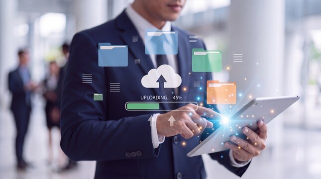 Cloud File Upload and Digital Document Management for Mobile Business, Business Professional Uploading Files to Cloud Storage Using Tablet