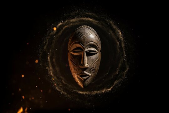 Stunning dark artistic wooden tribal mask surrounded by swirling dust vortex and warm glowing fire embers in mystic moody studio composition.