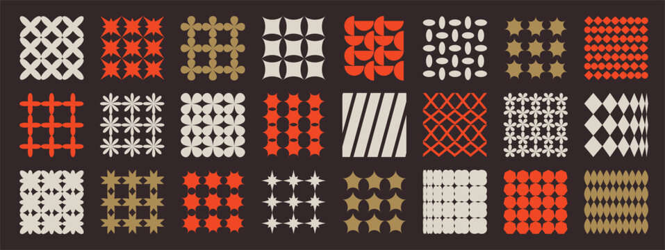 Geometric pattern tiles vector set with modular grids, crosses, diamonds, dots and optical shapes in orange, cream, brown and black for retro graphic backgrounds