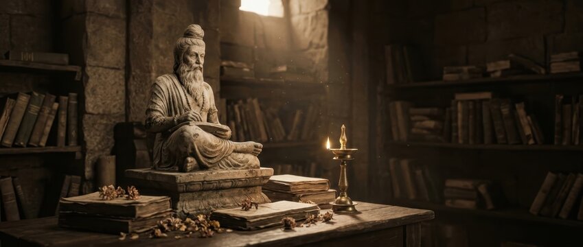 Ancient sage sculpture and burning oil lamp inside a dimly lit library with books
