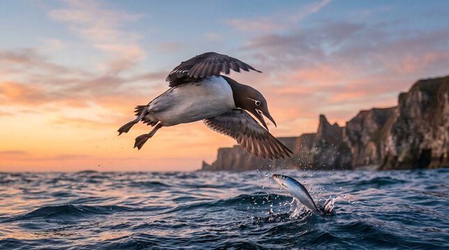 common murre bird hunting for herring