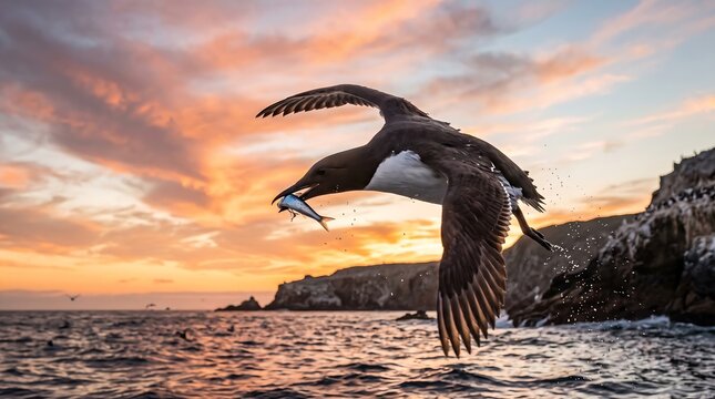 common murre bird hunting for herring