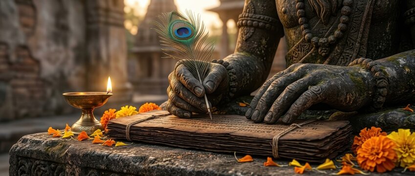 stone statue writing an ancient manuscript with a feather quill next to an oil lamp and flowers outdoors