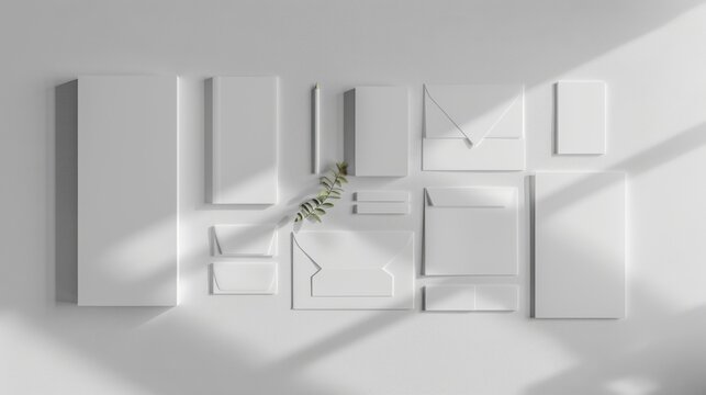 Different types of blank shapes and forms arranged on a wall with a small plant in sunlight