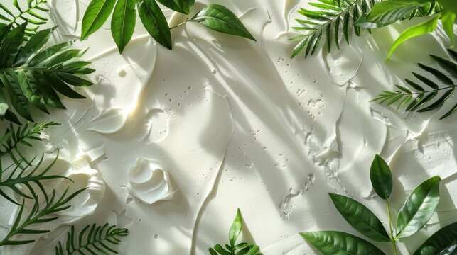 Creamy white surface with green leaves arranged around it in natural light