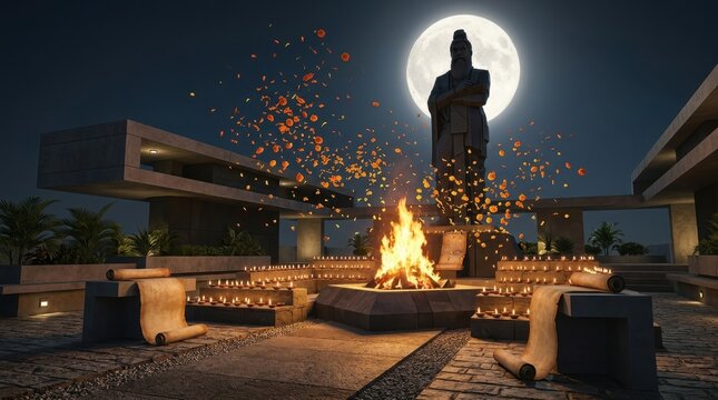 Maharishi Valmiki Jayanti celebration with giant statue bonfire glowing oil lamps and floating flower petals under full moon night sky