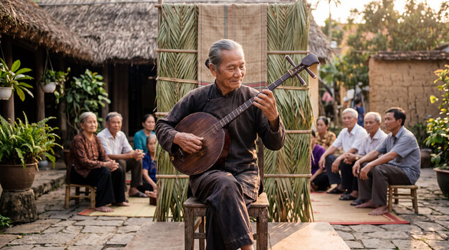 Elderly musician performing traditional village music