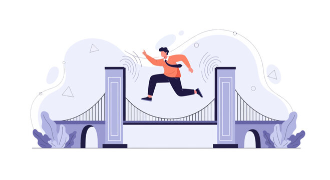 Man leaps over bridge gap, symbolizing overcoming challenges and business growth