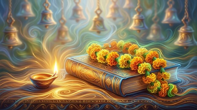 Sacred text book adorned with flower garland and oil lamp glowing in mystical light