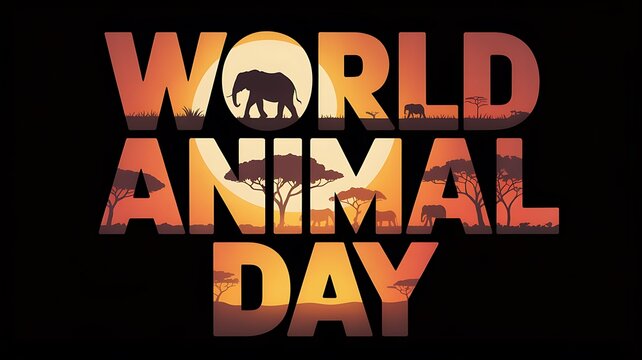 World Animal Day text banner with African wildlife silhouette landscape sunset background vector illustration for conservation campaign design.