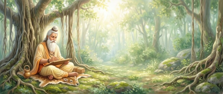 Maharishi Valmiki writing epic under banyan tree in sacred forest during festival