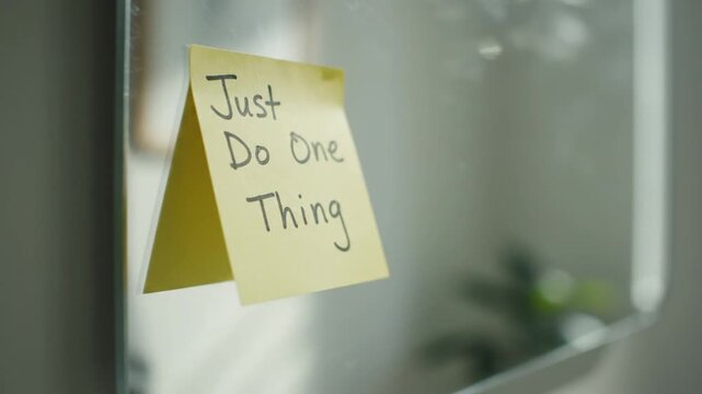 Sticky Note Saying Just Do One Thing on Glass. 4K Video