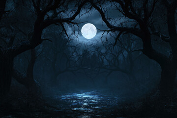 Obraz premium Moon illuminating a dark mysterious forest landscape with spooky trees and mist under a bright full night moonlight