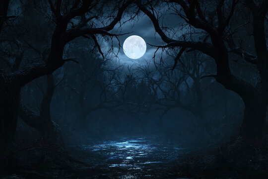Moon illuminating a dark mysterious forest landscape with spooky trees and mist under a bright full night moonlight