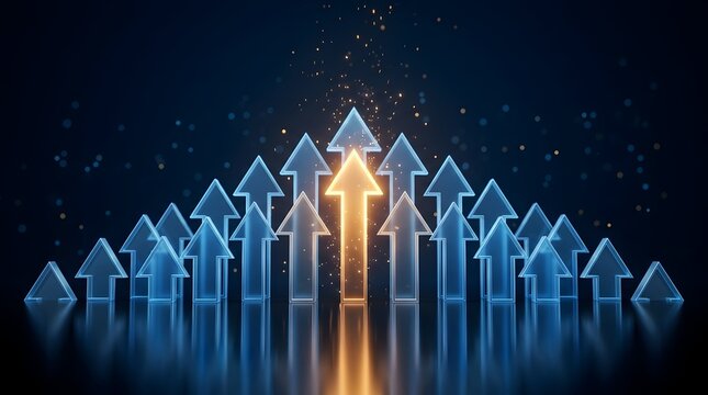 Distinct glowing golden arrow among blue arrows symbolizing unique business leadership vision and successful market strategy