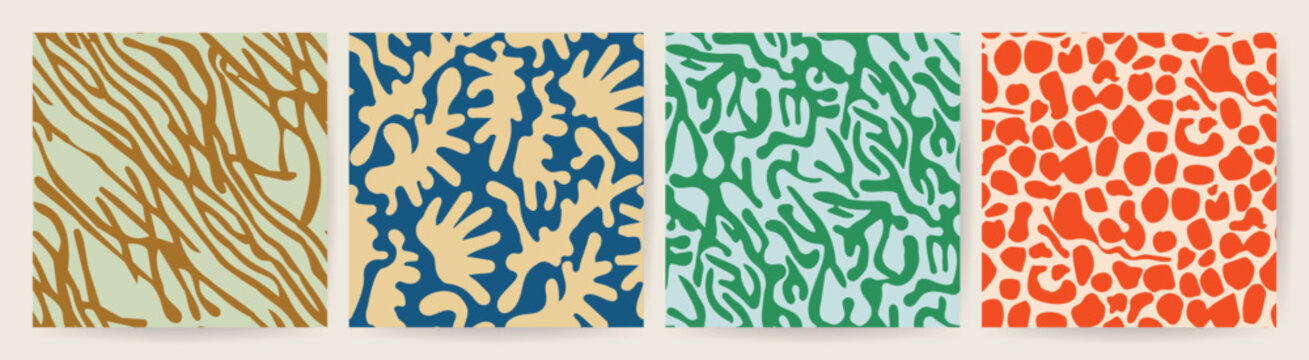 Organic nature patterns vector set with coral inspired branches, curved lines and pebble shapes in mustard, blue, green and orange for backgrounds and textile design