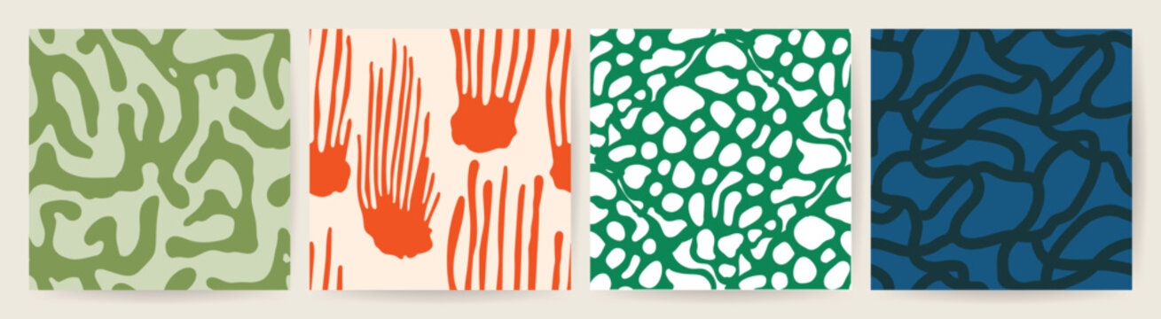 Organic abstract patterns vector set with flowing lines, brush marks, pebble textures and wavy shapes in green, orange, teal and blue for modern backgrounds