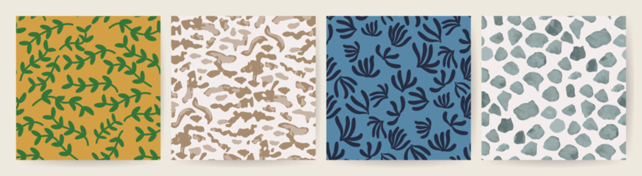 Organic abstract patterns vector set with botanical leaves, irregular spots and hand drawn nature textures in mustard, beige, blue and teal for backgrounds and packaging